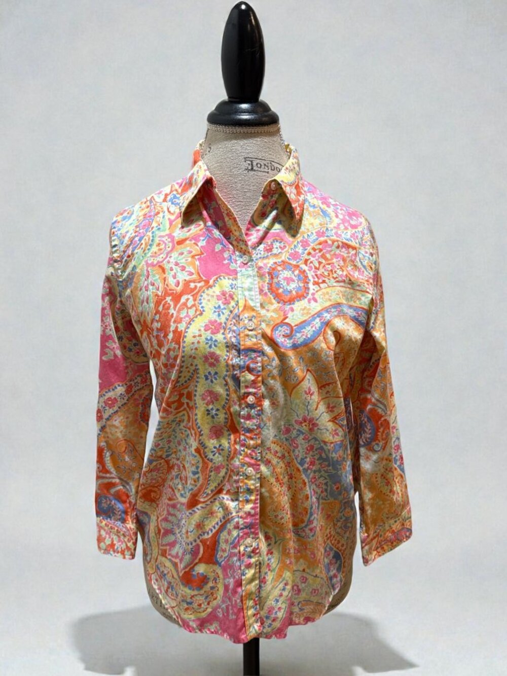 Lauren Ralph Lauren Sz M Pink Yellow Orange Floral Paisley Button-Up Blouse